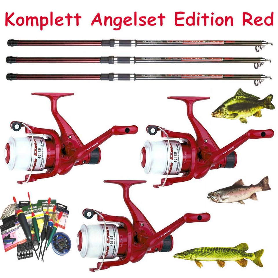 VF-ANGELSPORT Komplett Angelset Edition Red 3 Ruten 3 Rollen + Zubehörsortiment Allroundset
