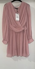 ZARA PINK SURPLICE NECKLINE SHORT PLEATED DRESS WITH FRONT KNOT SIZE S BNWT