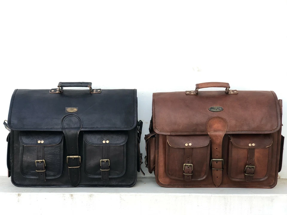 Maletín de hombro de cuero marrón negro vintage para hombre Foto 2 de 4