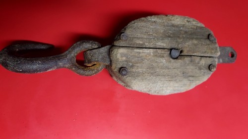 Huge 14" Vtg Antique Steampunk Salvage Decor Wood and Iron Pulley Hook - Picture 4 of 5