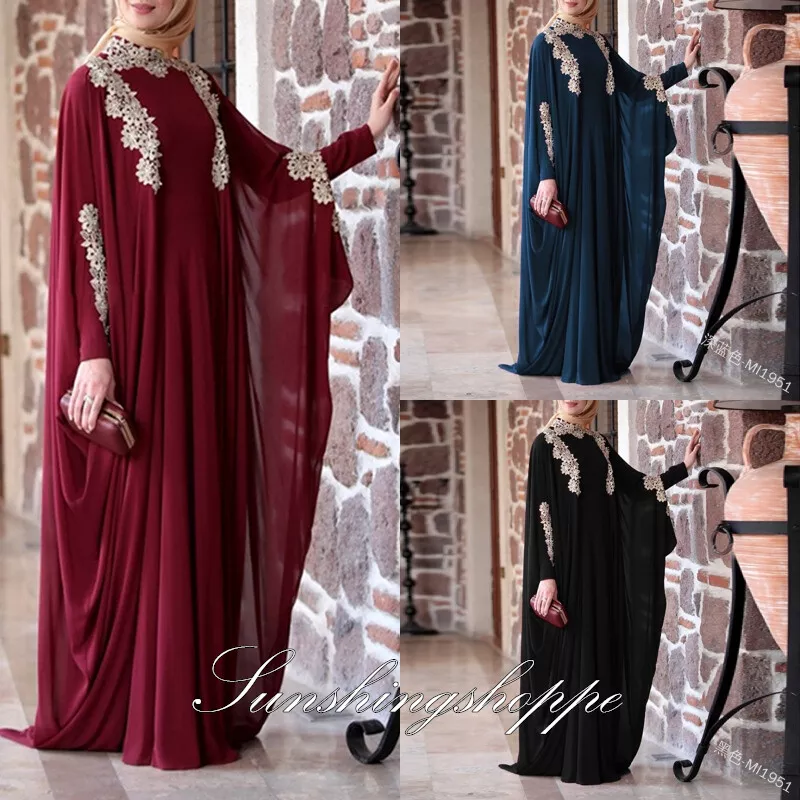 Abaya Muslim Women Bat Sleeve Maxi Dress Kaftan Arab Jilbab Robe Gown Dubai  New