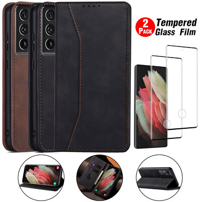 For Samsung Galaxy S21 Plus/Ultra/FE Leather Wallet Case Cover Screen Protector