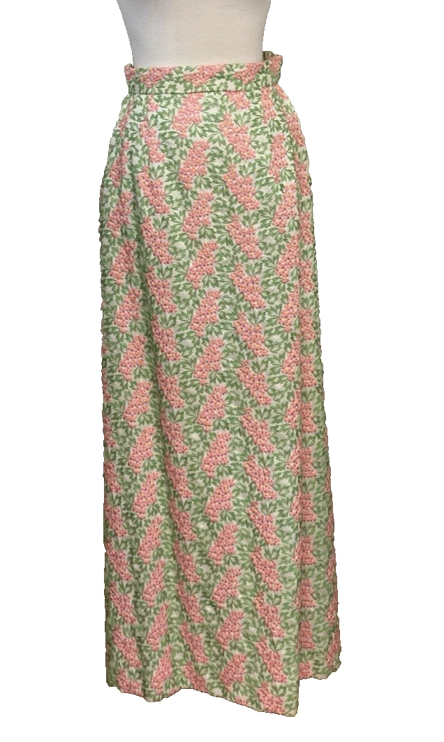 Embroidered Linen Long Skirt Vtg Sz 12 Pink Green Yellow Flowers Lined 1950s 60s