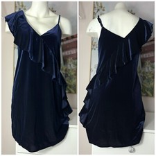 NEW 19 Cooper Navy Blue Velvet Velour Ruffle Asymmetrical Mini Dress Size XS