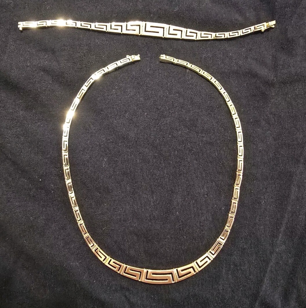 14k Gold Greek Key Necklace And Bracelet Set