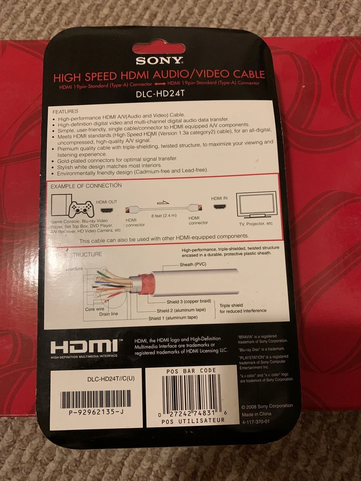Sony High Speed HDMI Audio Video Cable Vertical Connector 8ft DLC-HD24T Play PS - Image 2 of 4