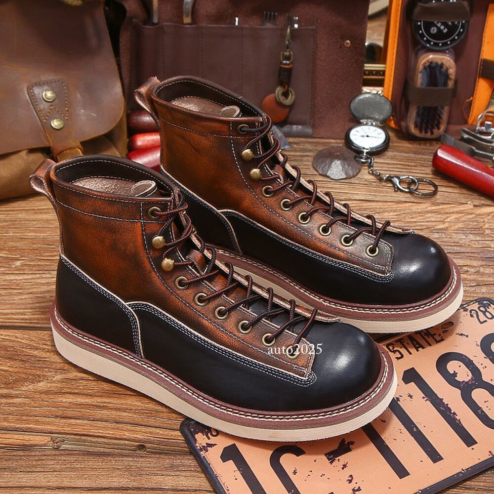 Men’s Real Leather Ankle Boots Cargo High Top Workwear Shoes Round Toe