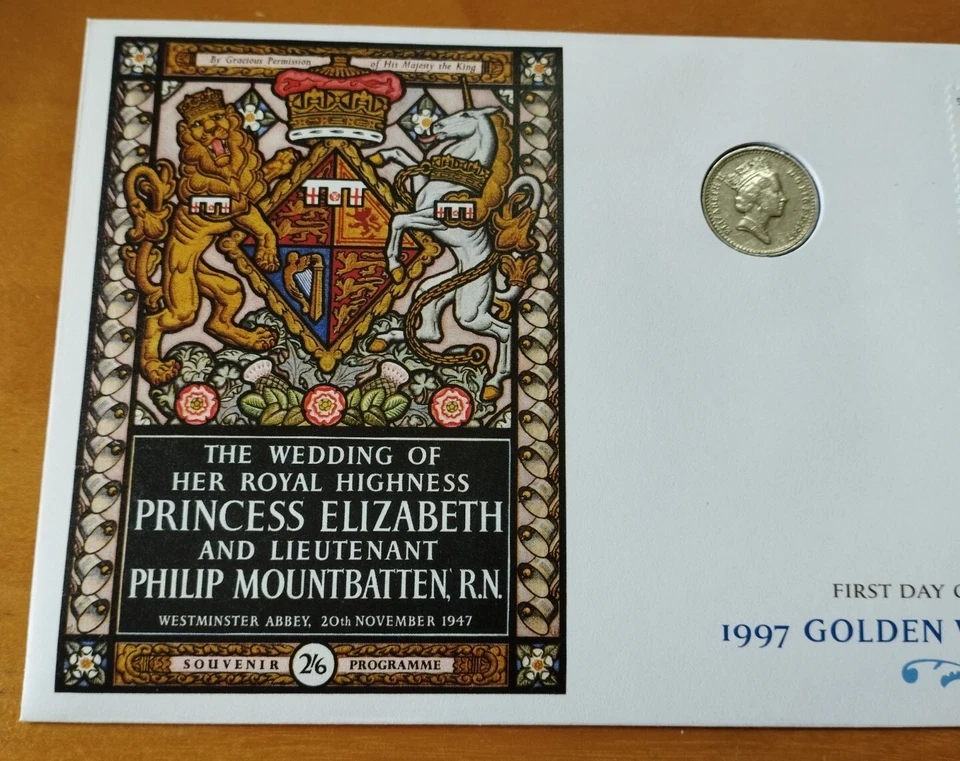 NZ 1997 Queen Elizabeth II Golden Wedding Anniversary Stamp FDC 1997 QE2 Coin - Image 2 of 4