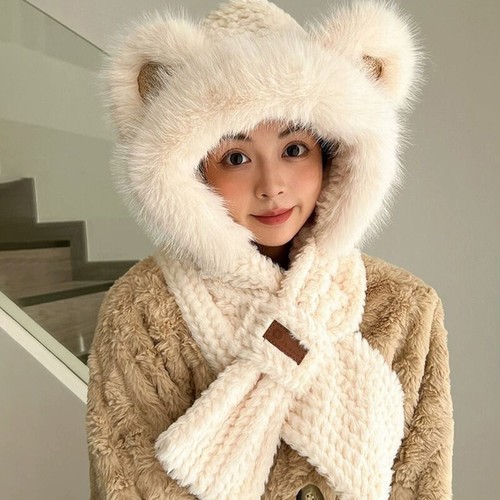 Women Winter Warm Fur Imitation Mink Plush Hat Scarf vendre Thick Bear Ear Hat Ear -wf