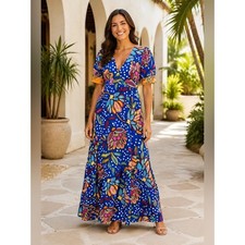 NWT Tabitha Brown x Target Blue Floral Polka Dot Puff Sleeve Maxi Dress 0