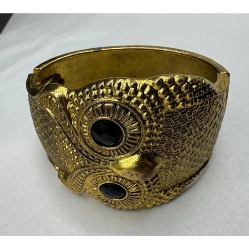 Vintage Owl Motif Gold Tone Cuff Clamper Bangle Bracelet 