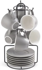 YHOSSEUN 6 Porcelain Espresso Cups Set 3oz Demitasse with Metal Stand Gray Coffe