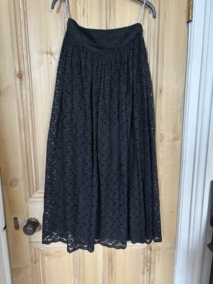 Vintage Laura Ashley schwarz Spitze Midirock komplett gefüttert Größe 10/12