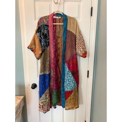Sacred Threads Women s Silk Patchwork Mid Length Kimono
