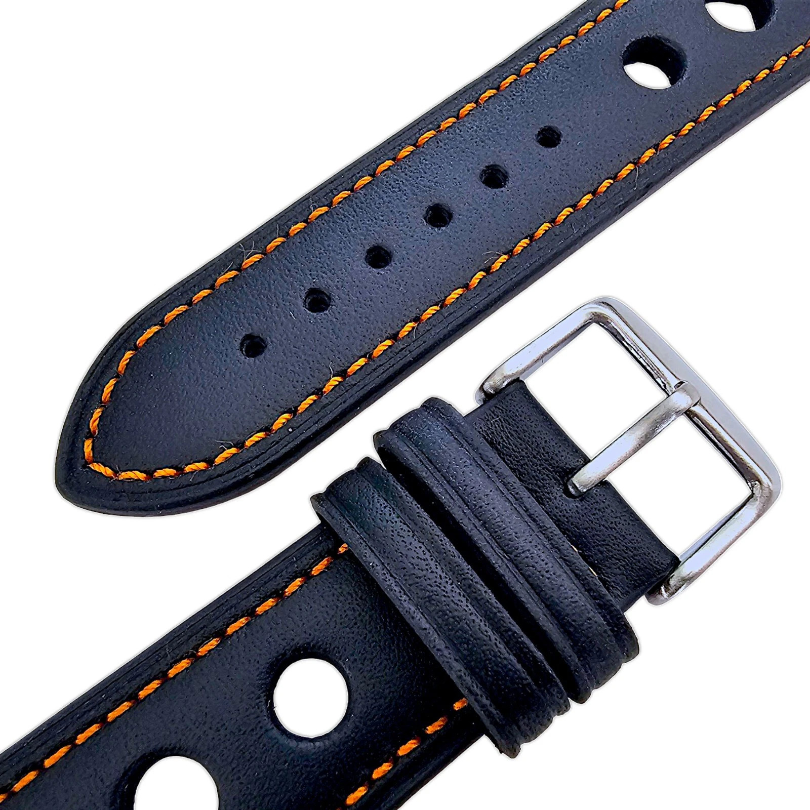 Premium Leather Watch Strap Band Rally Racing 18mm 20mm 22mm 24mm Black Orange