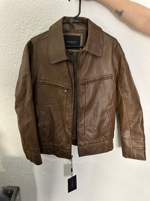 Marc New York Andrew Marc Jacket Mens Small Brown Faux Leather Zip Collared NEW