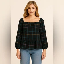 LOFT Plaid Peasant Top Black Multicolor Long Sleeve Blouse L