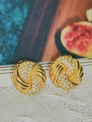 Christian Dior Vintage 1980s Swirl Twist Crystals Circle Round Clip Earrings