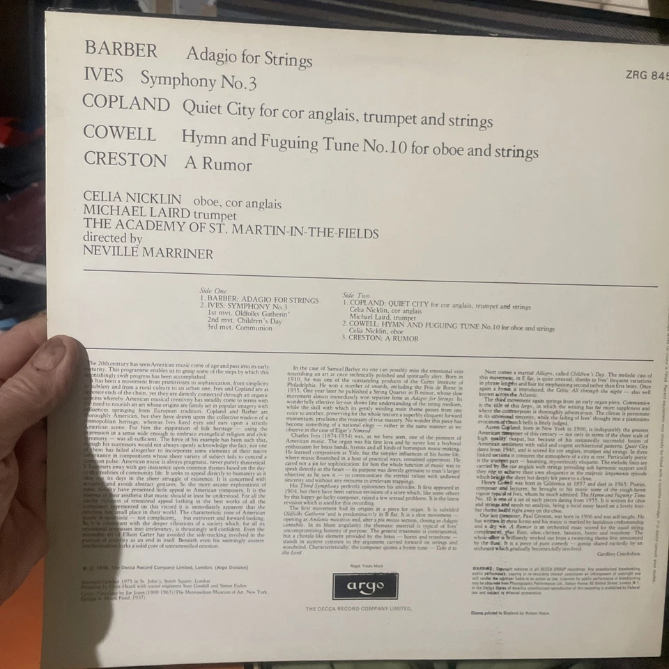 ARGO ZRG 845 BARBER IVES COPLAND COWELL CRESTON *AMSF MARRINER* 3G/3G  EX/EX+ - Image 2 of 2