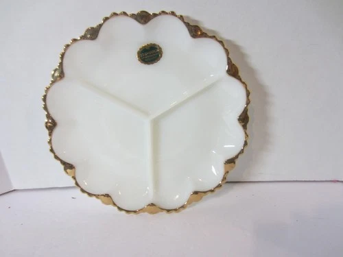 Vintage Anchor Hocking Milk Glass 9.5" Divided Serving Plate-22K Gold Trim(325DF