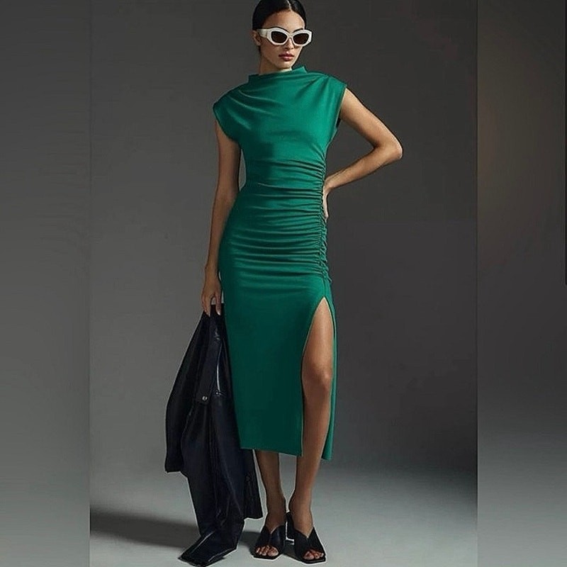 green emerald velvet dress Maya Pleated Silk Dress main image 0