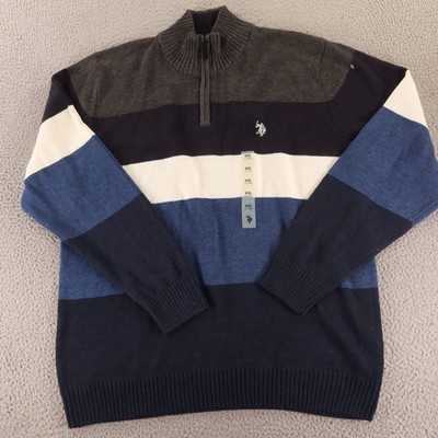 US Polo Assn Sweater Mens XXL Blue Colorblock Stripes Cotton 1/4 zip NEW $70