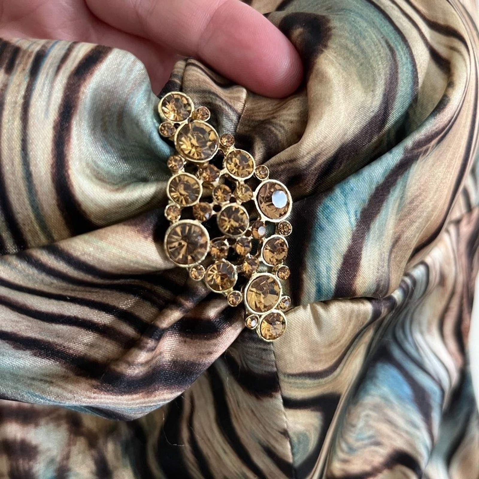 Xscape Strapless Ruched Marble Swirl Gown Size 6 Y2K Rhinestone Forma