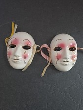2 Vintage Small Ceramic Porcelain Mardi Gras Masks Wall Decor 4"