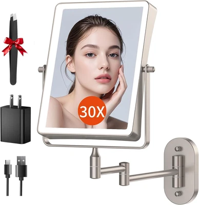 Espejo de Maquillaje Montado en la Pared Recargable 5000mAh con Luces Regulables y Magni 30X - Imagen 1 de 4
