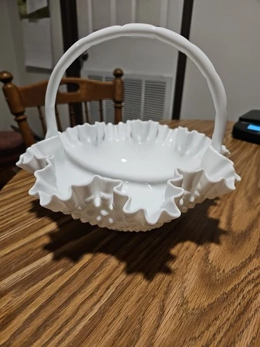 Milk Glass Bride Basket Hobnail Large Vintage Ruffled Wave