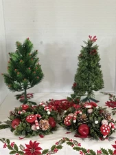 Vintage Plastic Christmas Trees & Holy Wreaths Candle Rings Candy Mushrooms