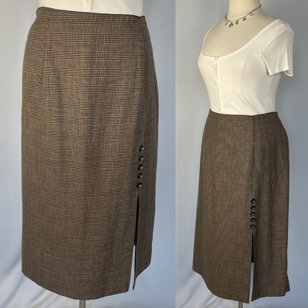 Vintage Midi Skirt Plus Size 24 Brown Black Houndstooth Plaid Academia 90s Y2K-image