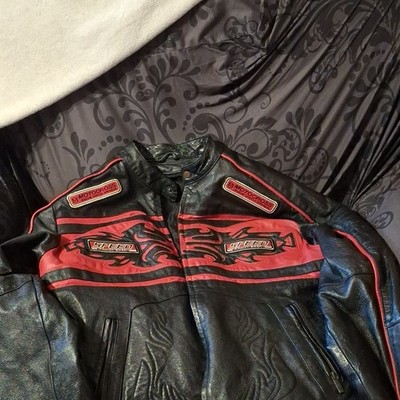 Men s Leather MotoCross Racing Jacket Size L Black/Gold Patches Zip Front