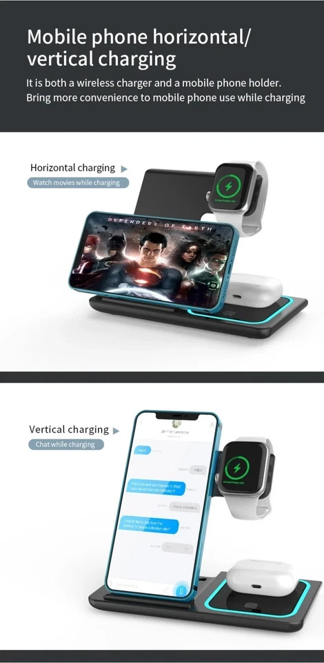 Wireless Charger For iPhone , Apple Watch AirPods 3 in 1  Charging Station Stand - Image 3 of 4