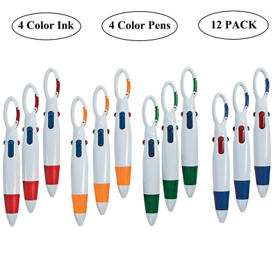  Carabiner Shuttle Pens (12 Pack) Each 5 1/2'' Pen Includes 4 Retractable Colors