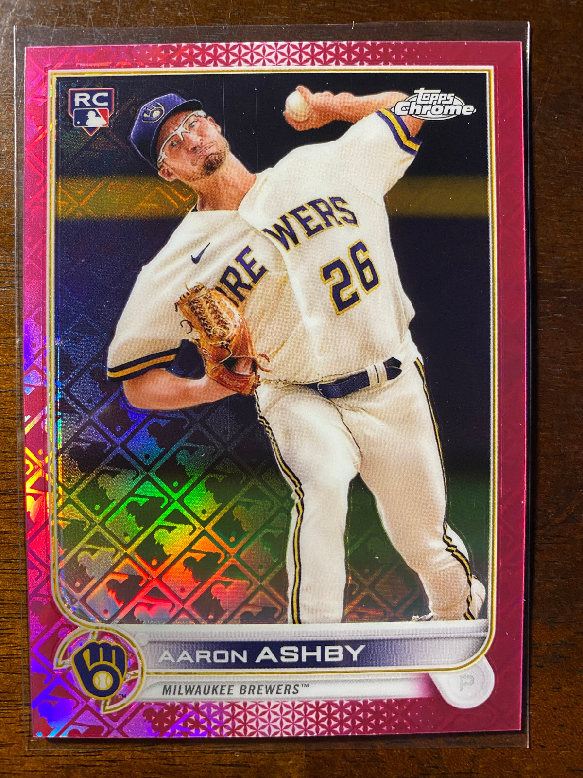 2022 Topps Chrome Logofractor Aaron Ashby #91 RC Pink Refractor /199 Brewers