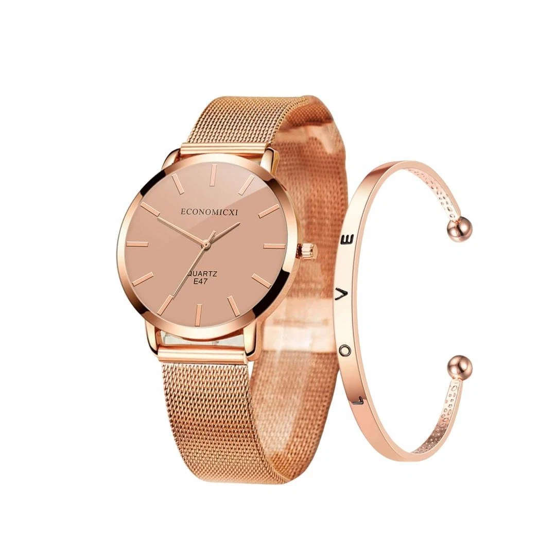 Reloj de Mujer con Pulsera en Oro Acero Inoxidable 2 Piezas Relojes Para  Mujeres