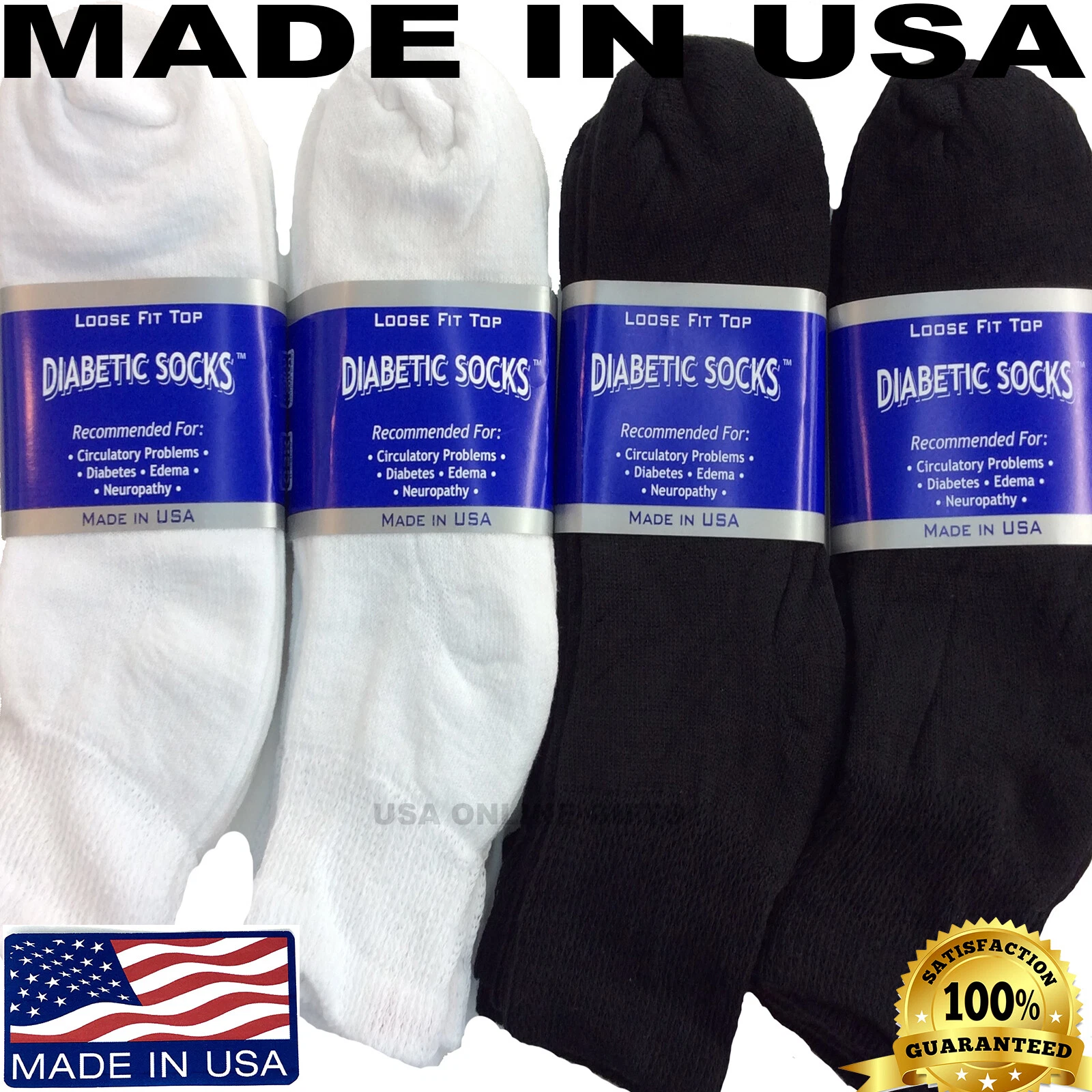 Creswell 12 Pairs Diabetic Ankle Socks White and Black 13-15 Size Made In USA