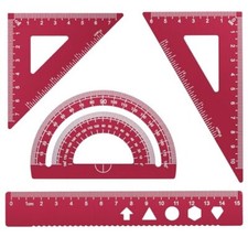 Triangle Ruler, Protractor, Square and Ruler Set, 4 Pieces Aluminum 15cm Red