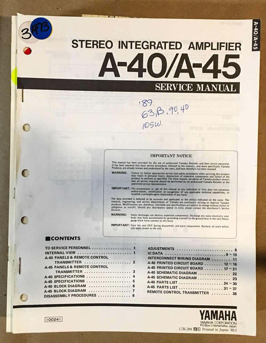 Yamaha A-40 A-45 Amplifier Service Rare Original Manual Soldering