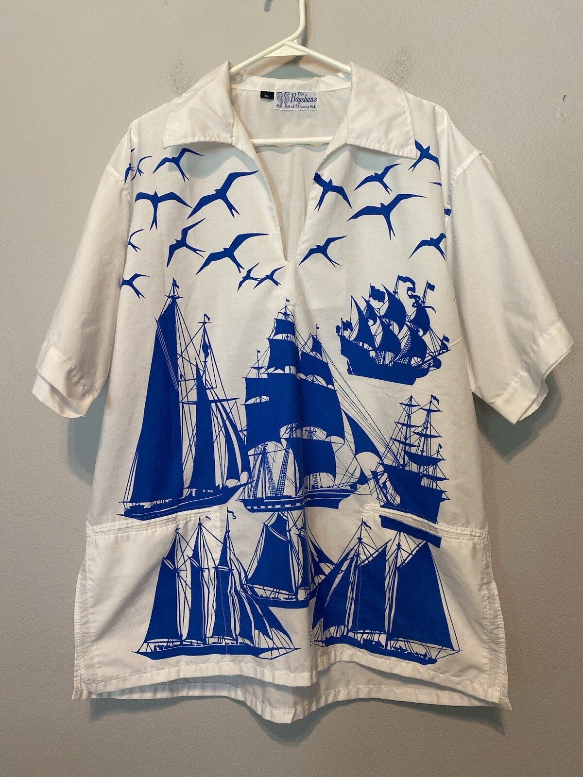 VTG! The Bagshaws of St. Lucia Ship Screen Print Hawaiian Blue & White
