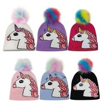 Ayla Girls Rainbow Pom Pom Winter Unicorn Beanie Hats for Kids 6 pack 