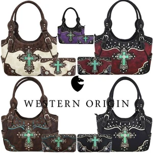 Western Rhinestone Cross Carry Purse Country Sac à main Femmes Sac à épaule Portefeuille