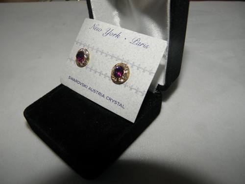PENDIENTES FUSCHIA HOT PINK STUD DE CRISTAL AUSTRIACO CON POSTES DE TONO DORADO NUEVO - Imagen 2 de 5