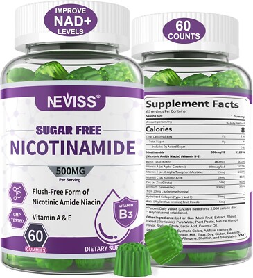 Sugar Free Nicotinamide 500Mg Gummies, (Flush Free Niacin) Vitamin B3 Niacinamid