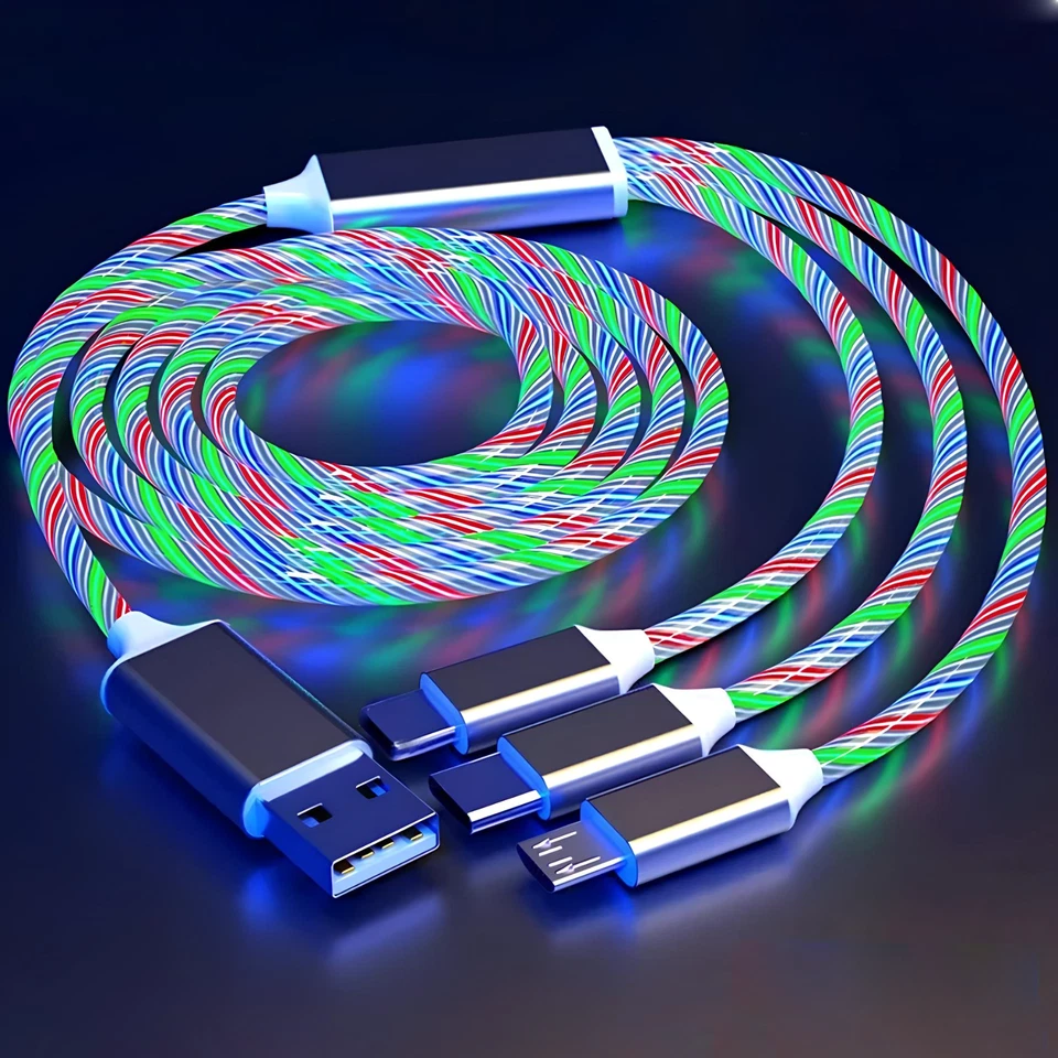 Cavo Ricarica Rapida Cellulare Luminoso 3 Porte in 1 USB C iPhone iOS Micro USB - Immagine 4 di 4