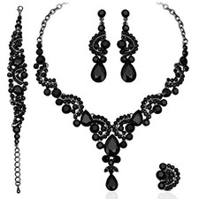Elegant Crystal Necklace Earrings Bracelet 4 Pcs/Set-gun black-black crystal