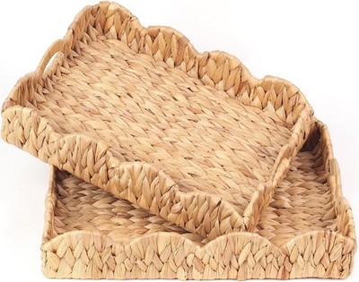 2Pcs Scalloped Water Hyacinth Baskets with Handles, 17''x13'' Woven Trays