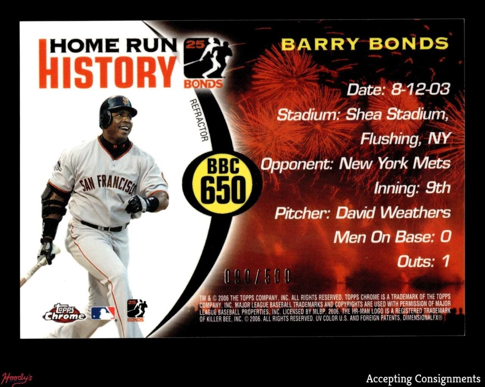 2006 Topps Chrome Home Run History Refractor #BBC650 Barry Bonds 090/500 GIANTS - Image 2 of 2