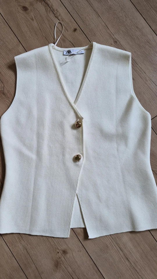 Zara Damen Strickweste Cardigan beige Gr. XL V-Ausschnitt Knopfleiste ärmellos - Bild 1 von 4